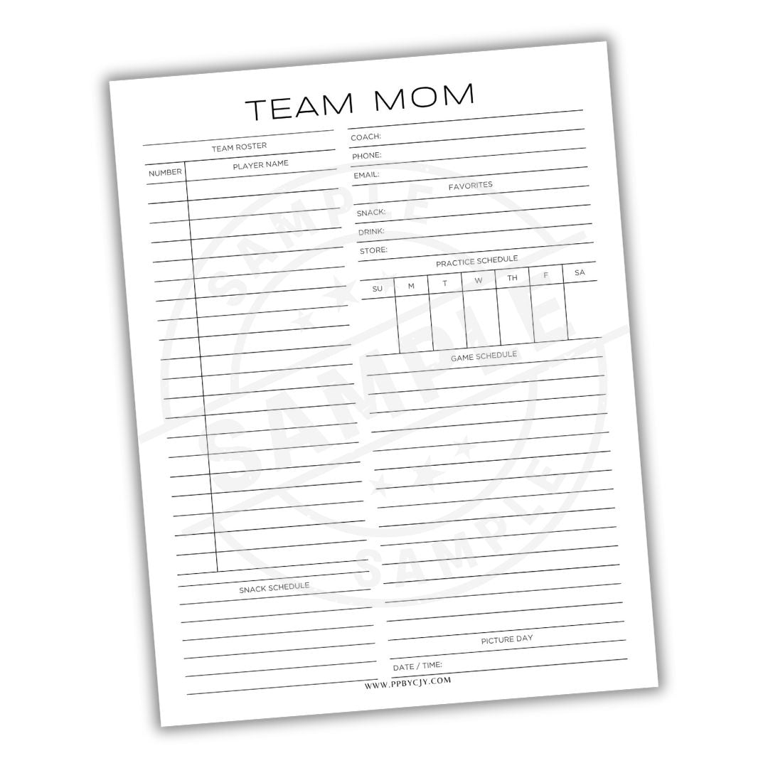 Sheet of paper titled 'Team Mom' with various forms and schedules.