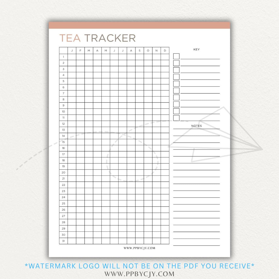 Tea Tracker Printable PDF Template for logging tea names, flavors, and steeping times.