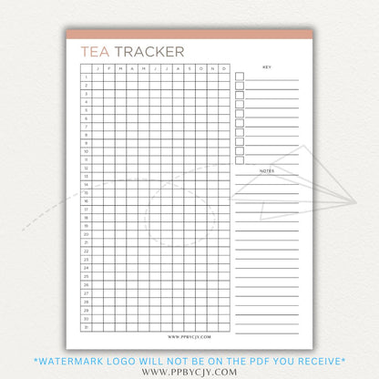 Tea Tracker Printable PDF Template for logging tea names, flavors, and steeping times.