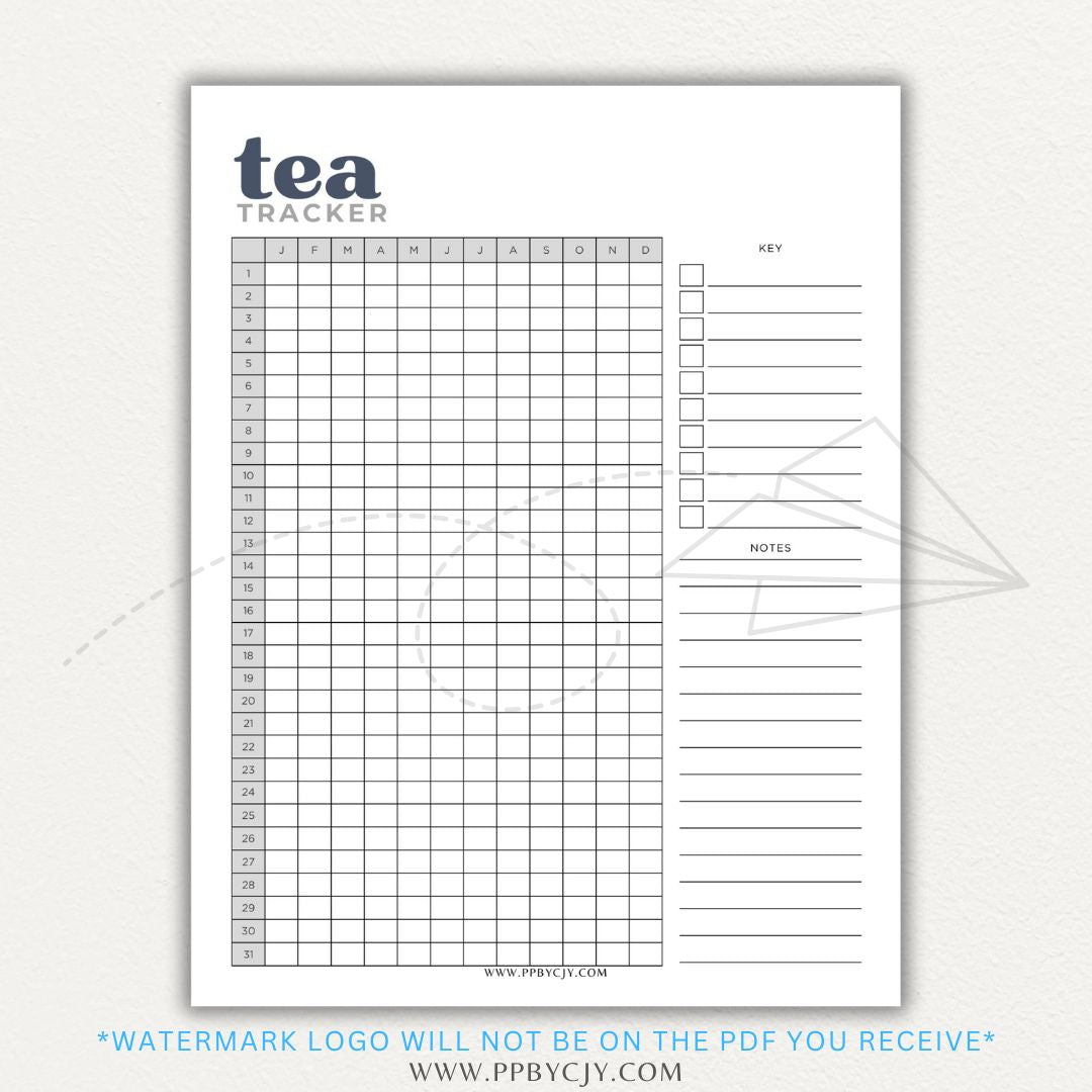 Tea Tracker Printable PDF Template for logging tea names, flavors, and steeping times.