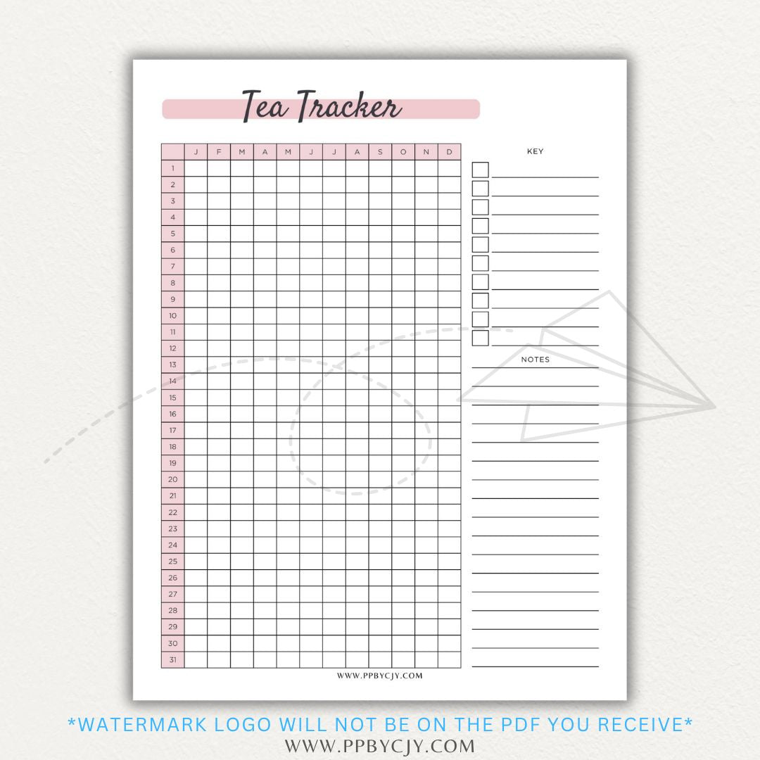 Tea Tracker Printable PDF Template for logging tea names, flavors, and steeping times.