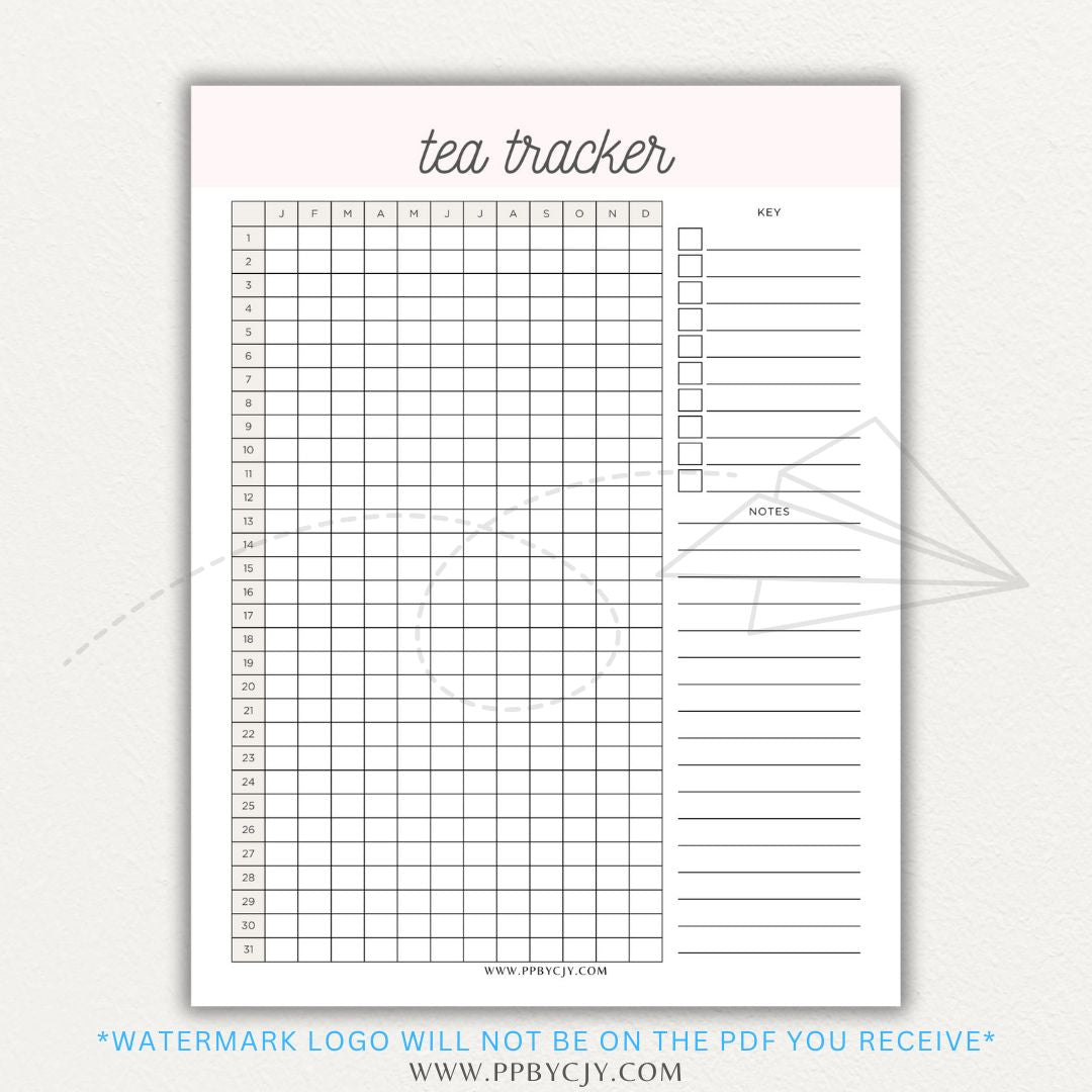 Tea Tracker Printable PDF Template for logging tea names, flavors, and steeping times.