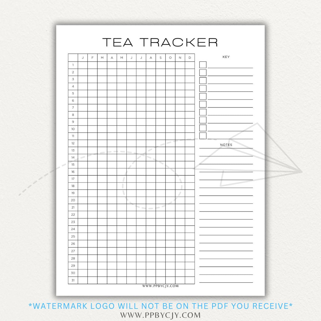 Tea Tracker Printable PDF Template for logging tea names, flavors, and steeping times.