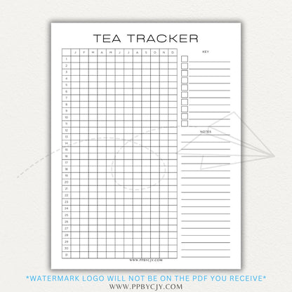 Tea Tracker Printable PDF Template for logging tea names, flavors, and steeping times.