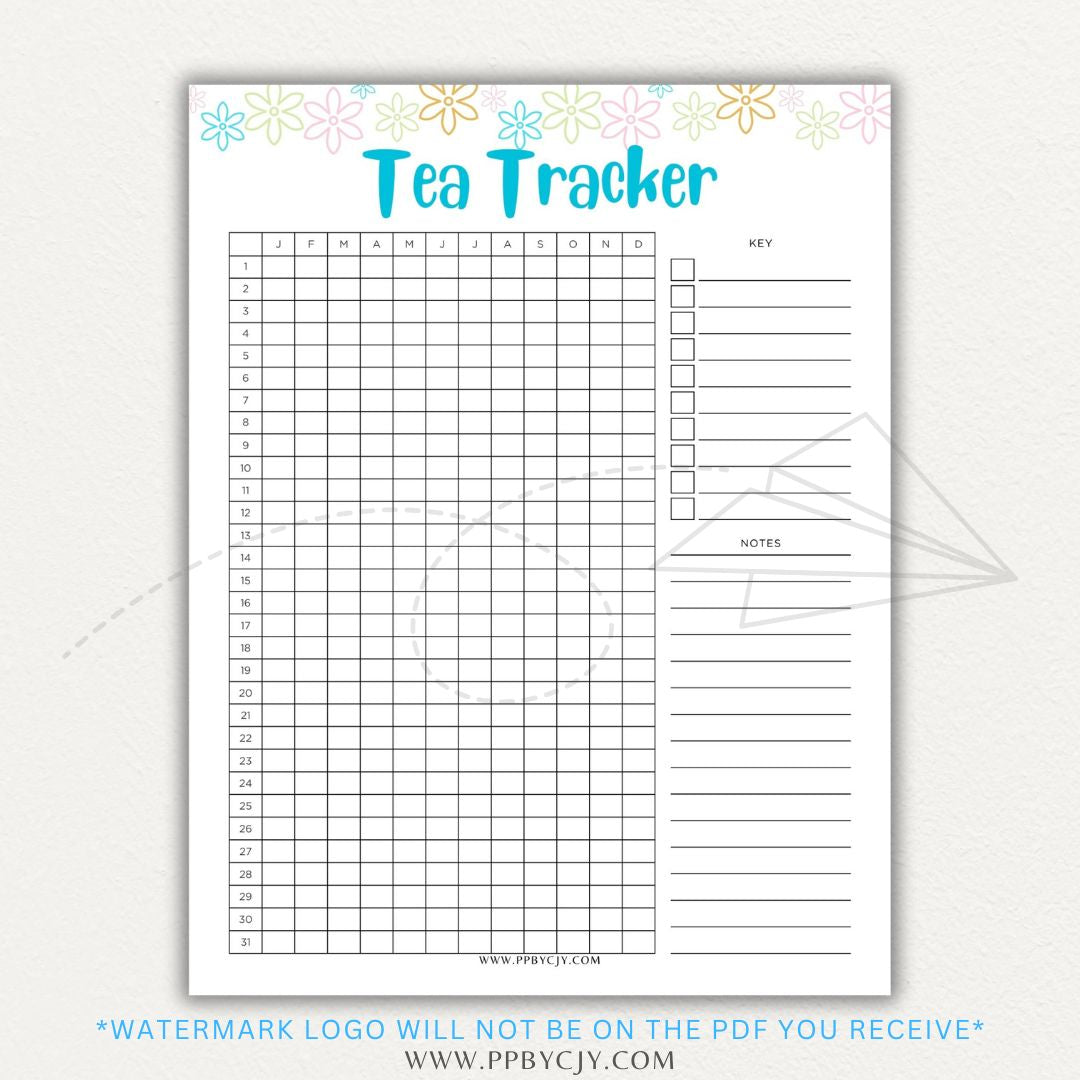 Tea Tracker Printable PDF Template for logging tea names, flavors, and steeping times.