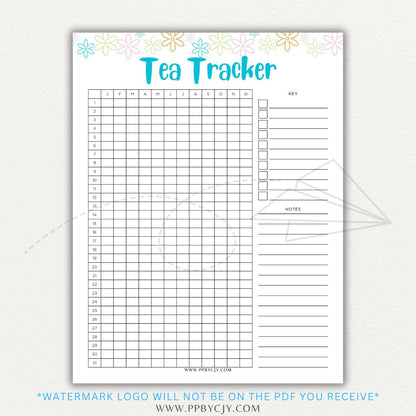 Tea Tracker Printable PDF Template for logging tea names, flavors, and steeping times.