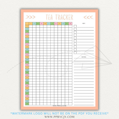 Tea Tracker Printable PDF Template for logging tea names, flavors, and steeping times.