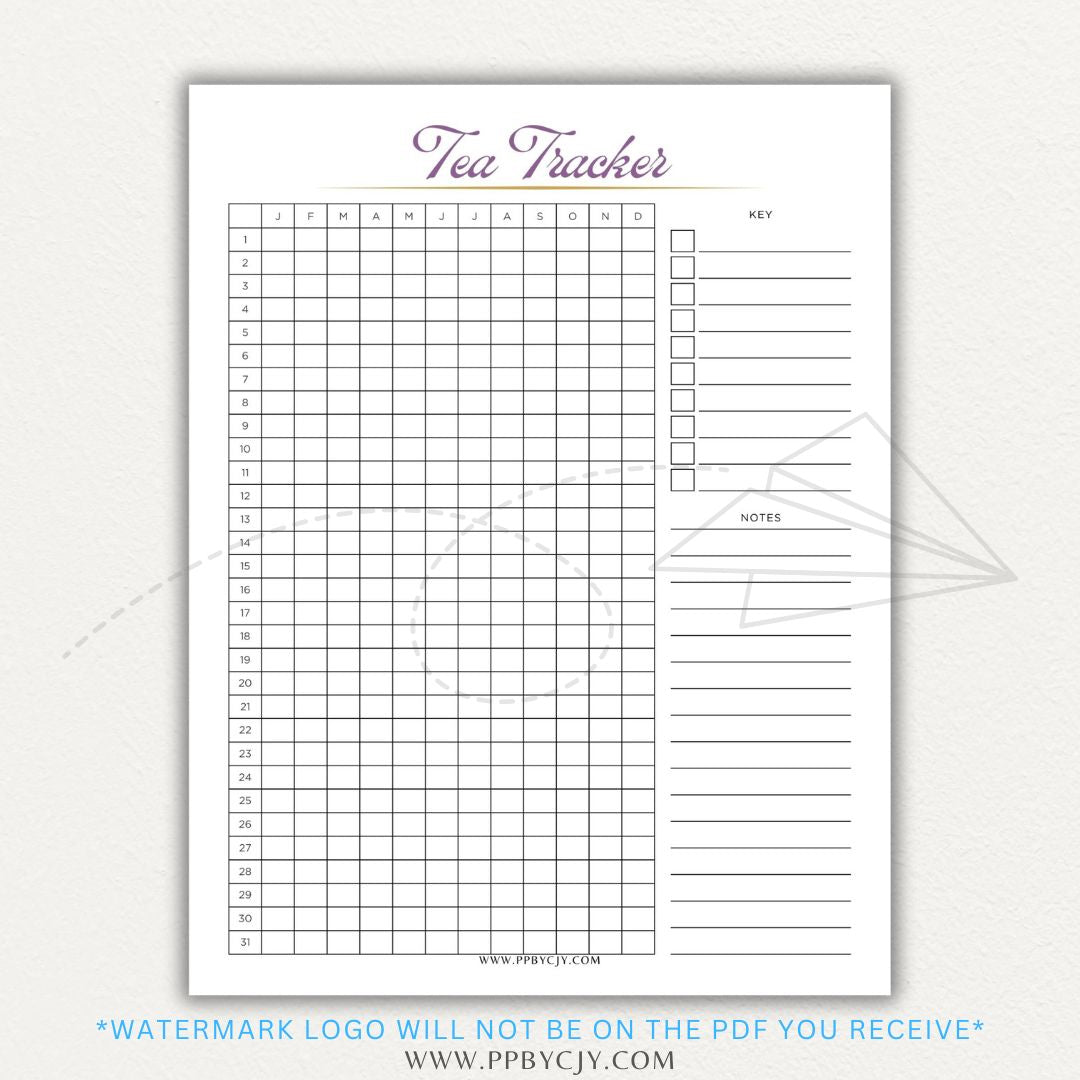 Tea Tracker Printable PDF Template for logging tea names, flavors, and steeping times.