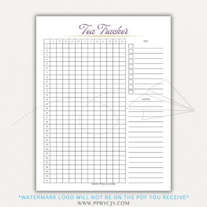 Tea Tracker Printable PDF Template for logging tea names, flavors, and steeping times.
