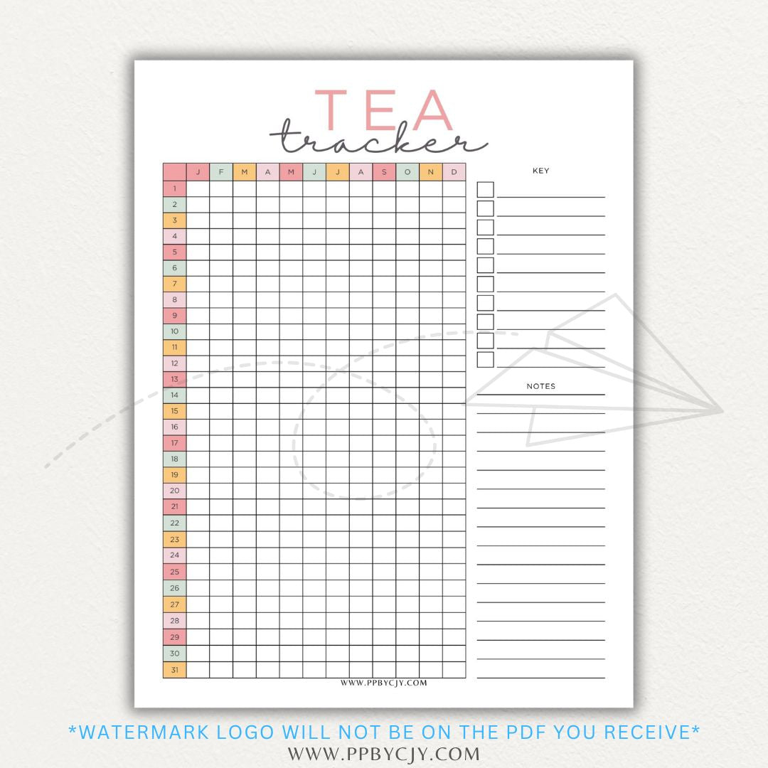 Tea Tracker Printable PDF Template for logging tea names, flavors, and steeping times.