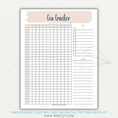 Tea Tracker Printable PDF Template for logging tea names, flavors, and steeping times.