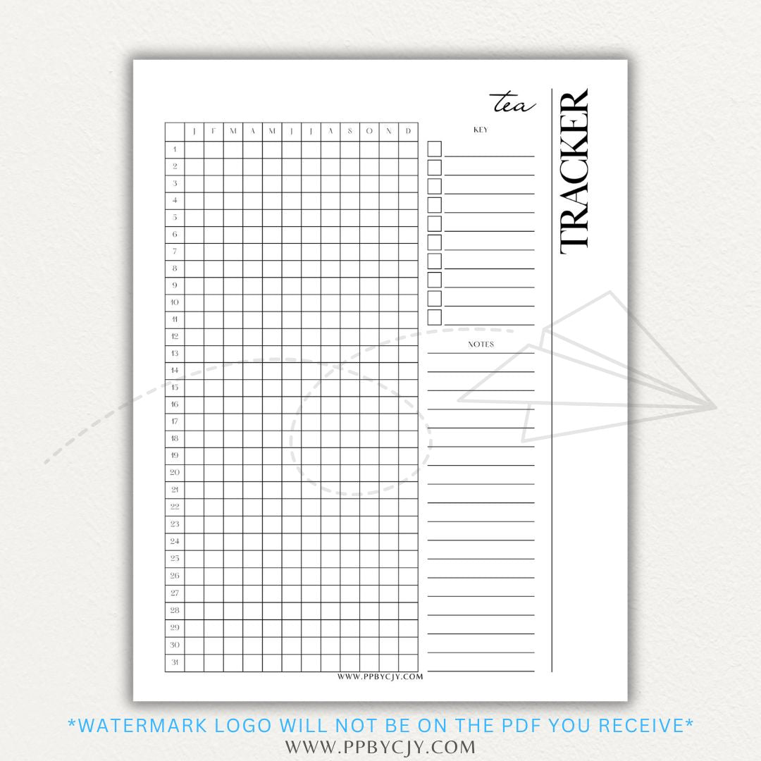 Tea Tracker Printable PDF Template for logging tea names, flavors, and steeping times.