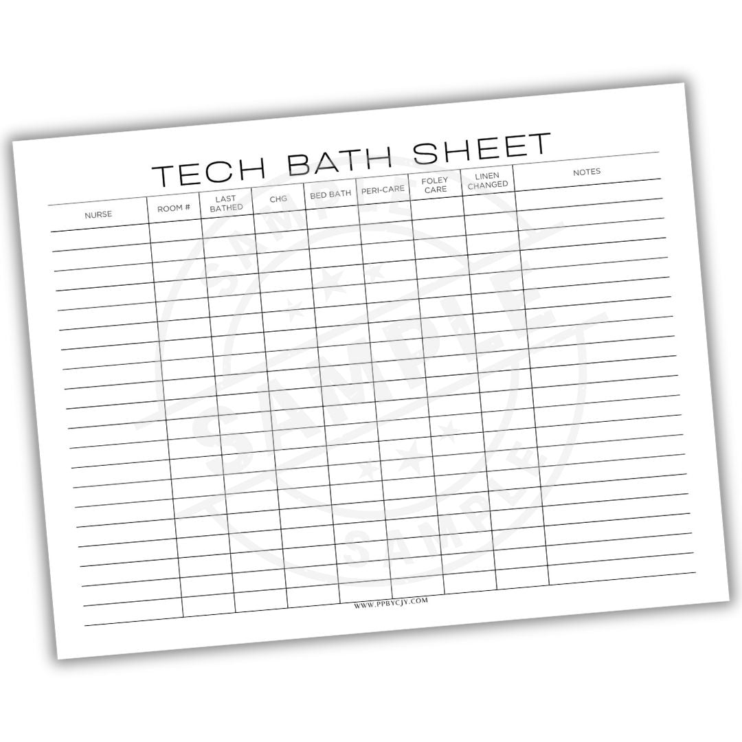 Sheet with 'Tech Bath Sheet' layout on a white background
