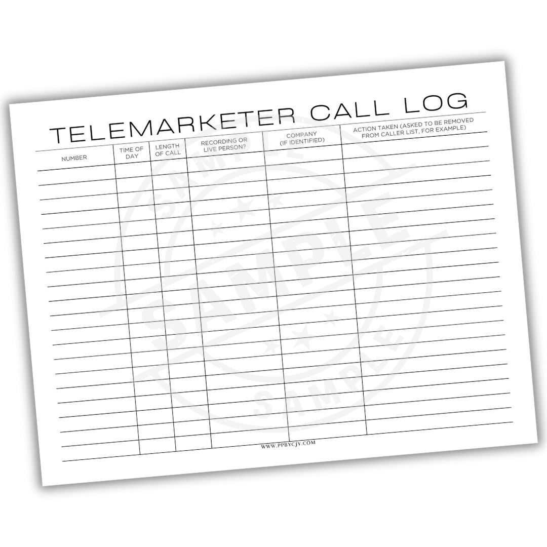 Telemarketer call log sheet on a white background