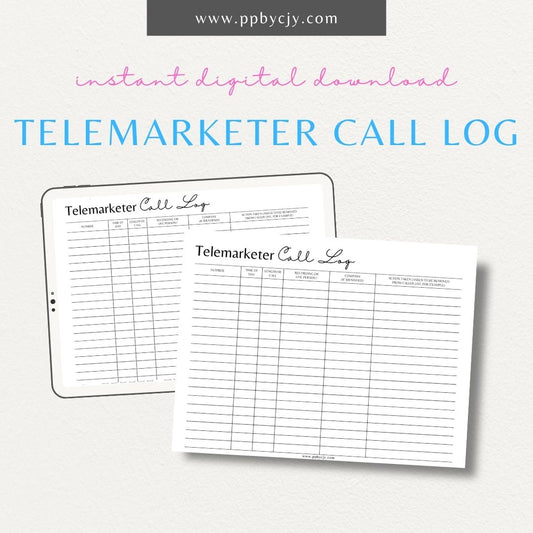 Track telemarketer call details, responses, and dates with this printable telemarketer call log template.

