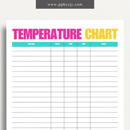 Sublimation Temperature Chart Printable Template – Digital download for documenting and organizing optimal temperatures and times for sublimation printing on various materials