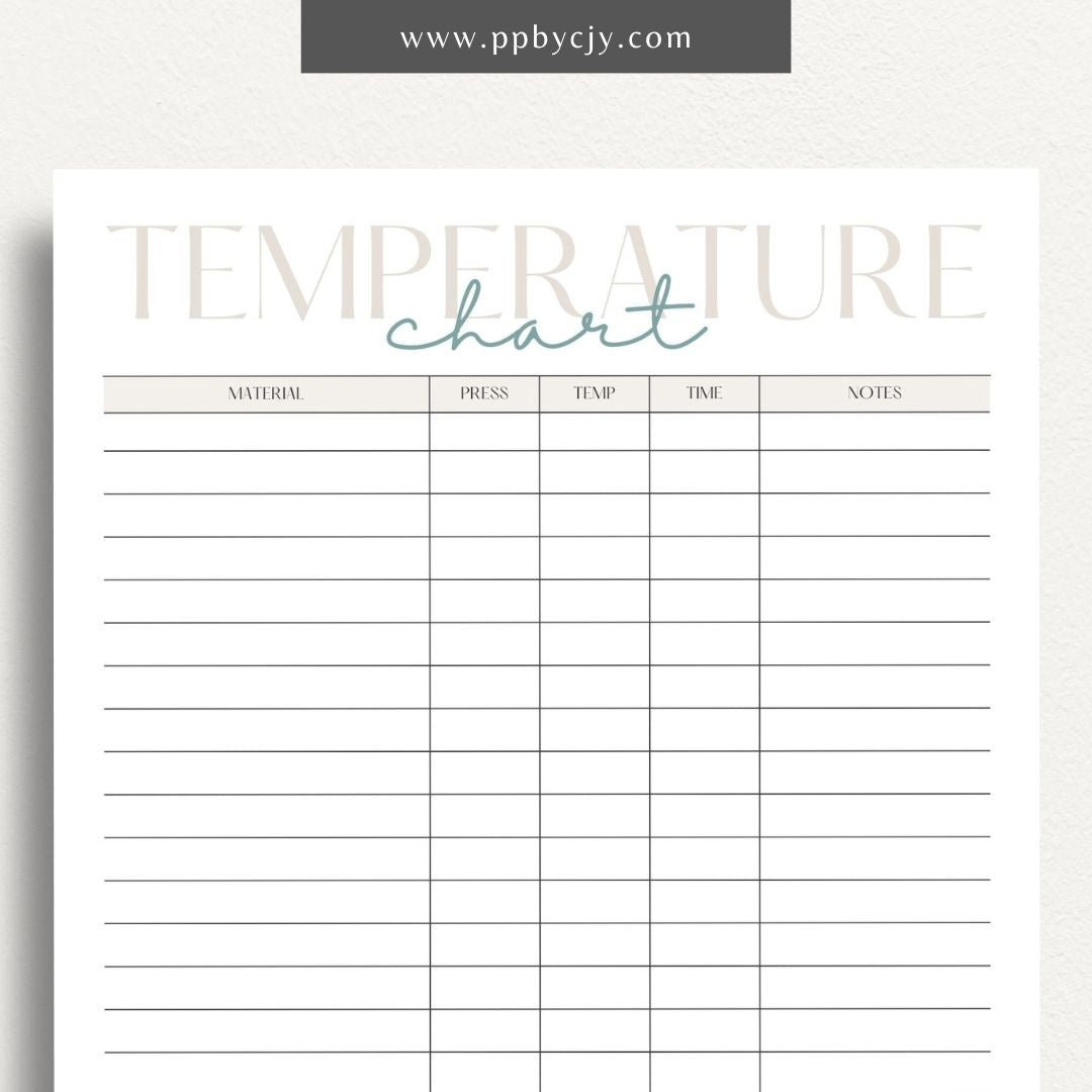 Sublimation Temperature Chart Printable Template – Digital download for documenting and organizing optimal temperatures and times for sublimation printing on various materials