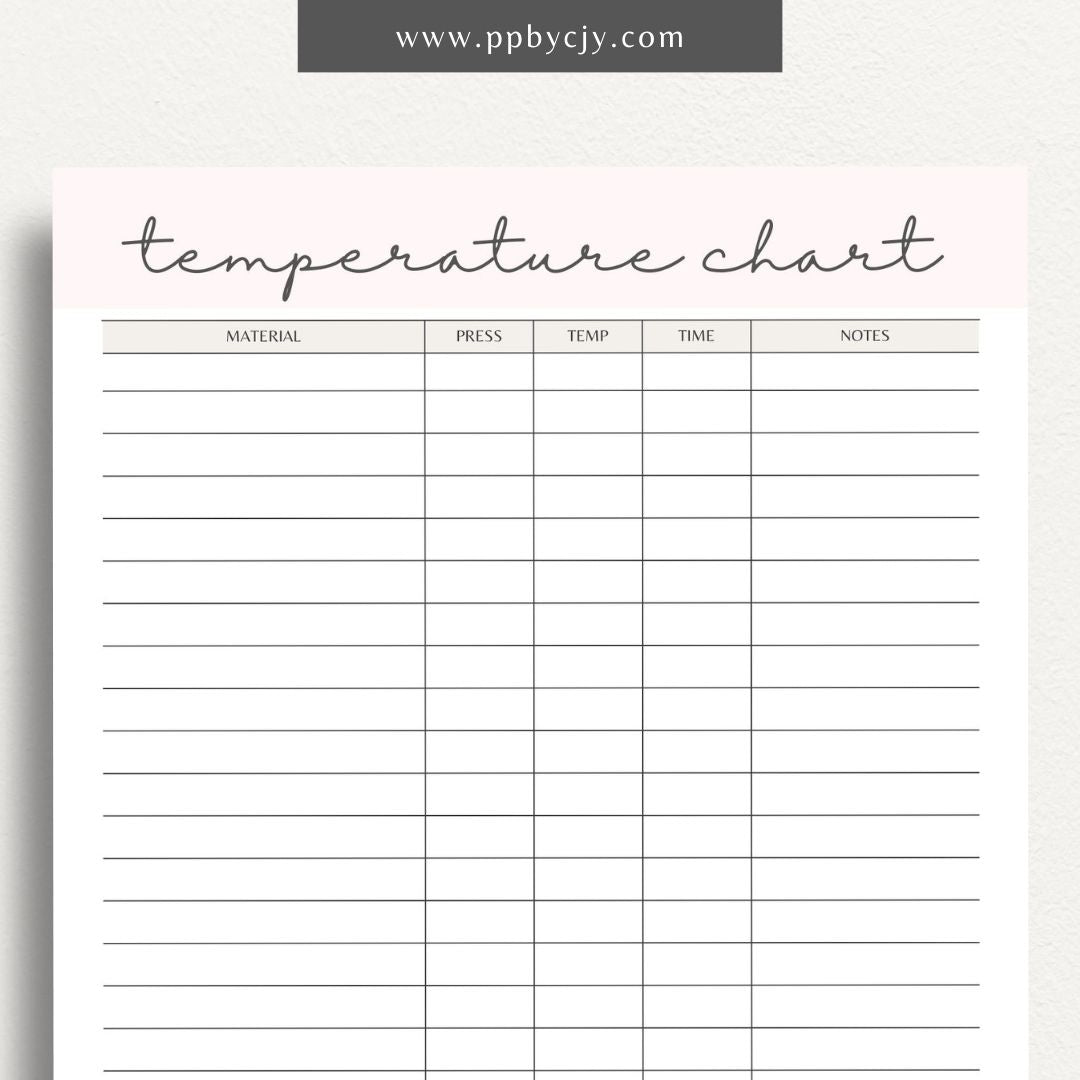 Sublimation Temperature Chart Printable Template – Digital download for documenting and organizing optimal temperatures and times for sublimation printing on various materials