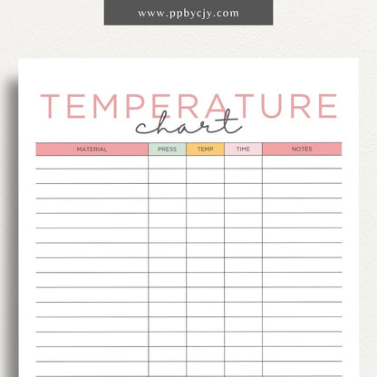 Sublimation Temperature Chart Printable Template – Digital download for documenting and organizing optimal temperatures and times for sublimation printing on various materials