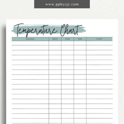 Sublimation Temperature Chart Printable Template – Digital download for documenting and organizing optimal temperatures and times for sublimation printing on various materials