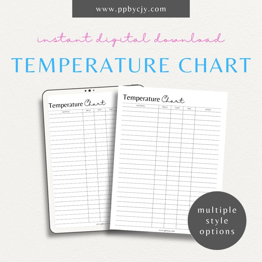 Sublimation Temperature Chart Printable Template – Digital download for documenting and organizing optimal temperatures and times for sublimation printing on various materials