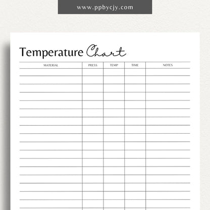 Sublimation Temperature Chart Printable Template – Digital download for documenting and organizing optimal temperatures and times for sublimation printing on various materials