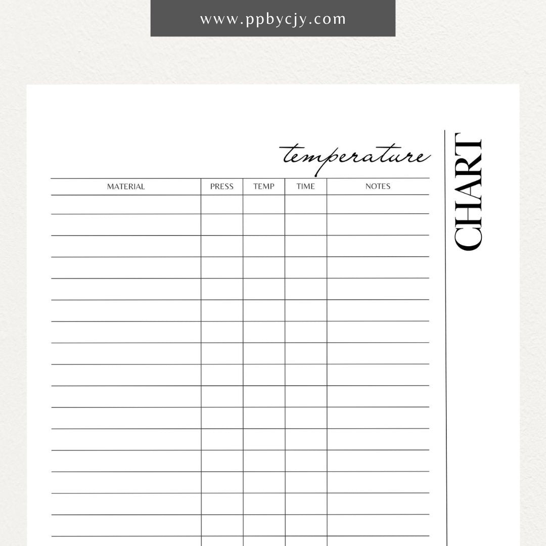 Sublimation Temperature Chart Printable Template – Digital download for documenting and organizing optimal temperatures and times for sublimation printing on various materials