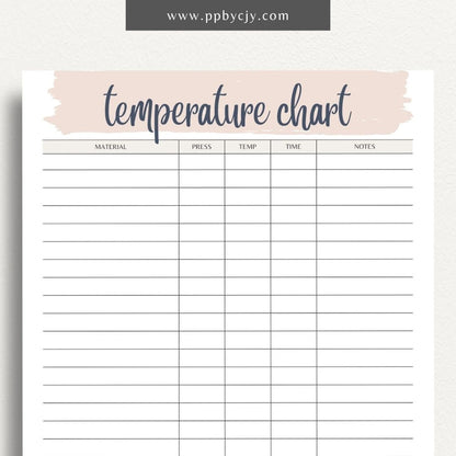 Sublimation Temperature Chart Printable Template – Digital download for documenting and organizing optimal temperatures and times for sublimation printing on various materials