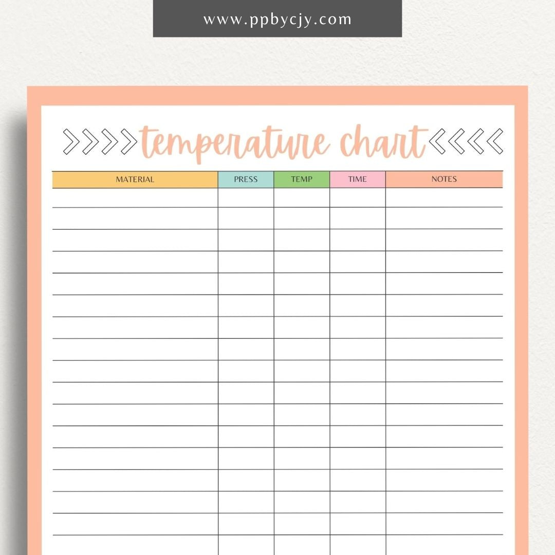 Sublimation Temperature Chart Printable Template – Digital download for documenting and organizing optimal temperatures and times for sublimation printing on various materials