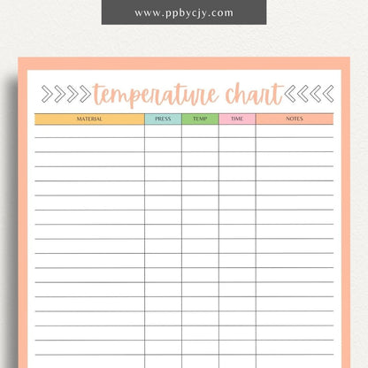 Sublimation Temperature Chart Printable Template – Digital download for documenting and organizing optimal temperatures and times for sublimation printing on various materials