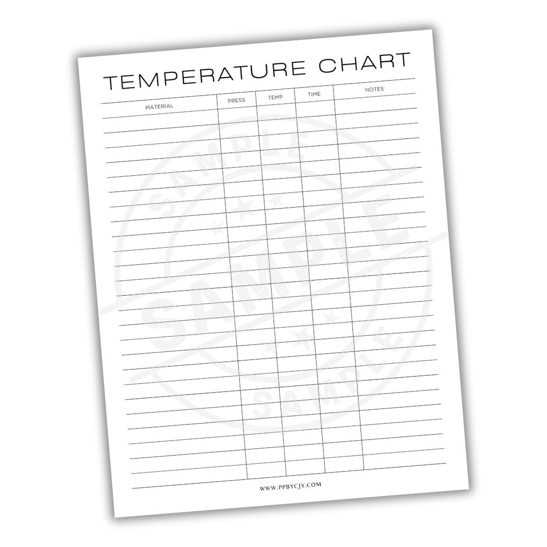 Temperature chart with columns for material, piece, temp, time, and notes on a white background.