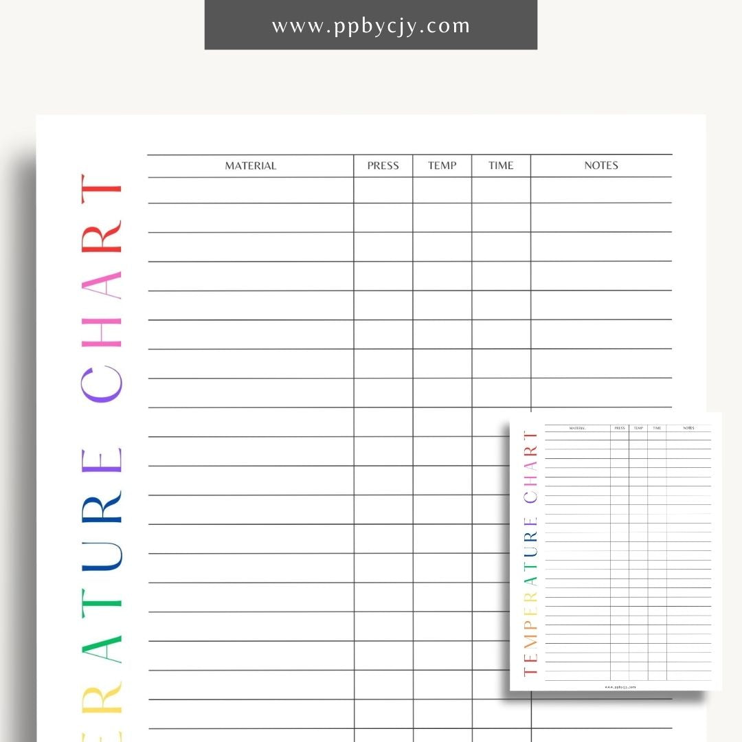 Sublimation Temperature Chart Printable Template – Digital download for documenting and organizing optimal temperatures and times for sublimation printing on various materials