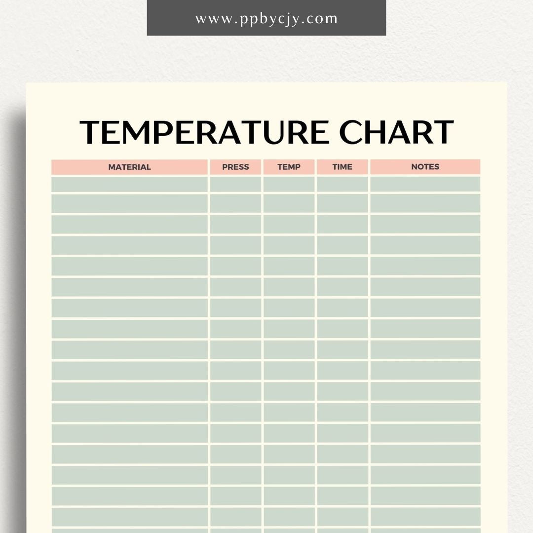 Sublimation Temperature Chart Printable Template – Digital download for documenting and organizing optimal temperatures and times for sublimation printing on various materials