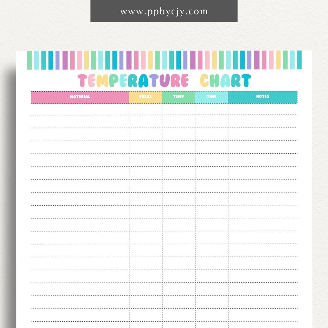 Sublimation Temperature Chart Printable Template – Digital download for documenting and organizing optimal temperatures and times for sublimation printing on various materials