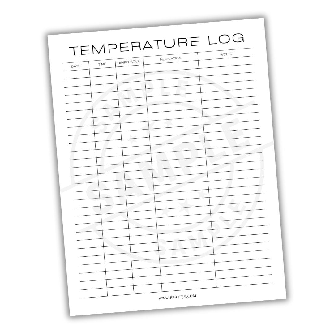 Temperature log sheet with columns for date, time, temperature, medication, and notes on a white background.