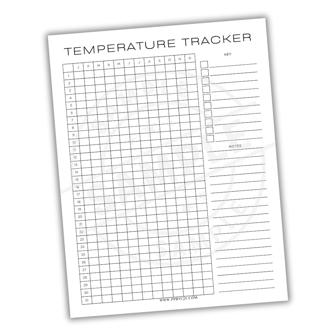 Temperature tracker sheet with grid and notes section on a white background