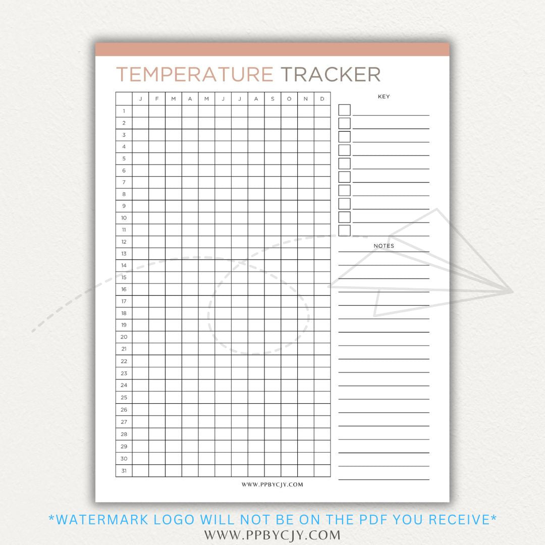 Weather Temperature Tracker Printable PDF Template for recording daily high and low temperatures.