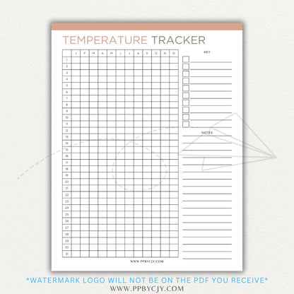 Weather Temperature Tracker Printable PDF Template for recording daily high and low temperatures.