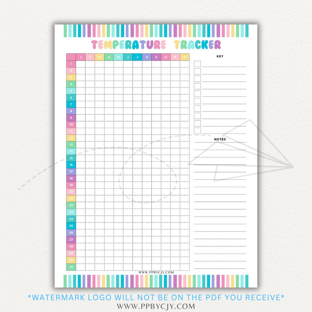 Weather Temperature Tracker Printable PDF Template for recording daily high and low temperatures.