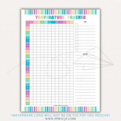 Weather Temperature Tracker Printable PDF Template for recording daily high and low temperatures.