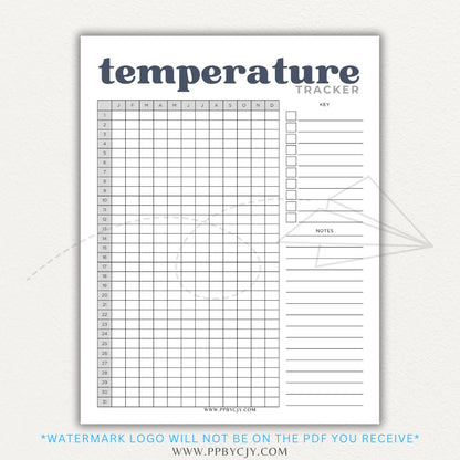 Weather Temperature Tracker Printable PDF Template for recording daily high and low temperatures.