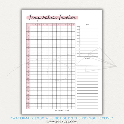 Weather Temperature Tracker Printable PDF Template for recording daily high and low temperatures.