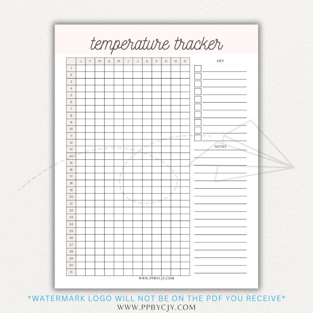 Weather Temperature Tracker Printable PDF Template for recording daily high and low temperatures.