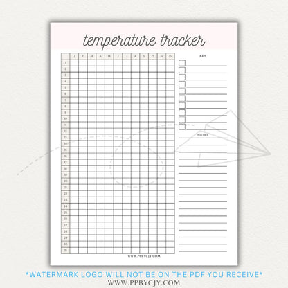 Weather Temperature Tracker Printable PDF Template for recording daily high and low temperatures.