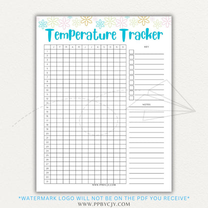 Weather Temperature Tracker Printable PDF Template for recording daily high and low temperatures.