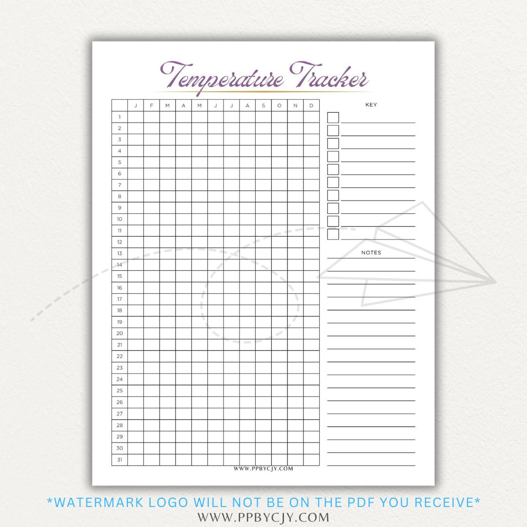 Weather Temperature Tracker Printable PDF Template for recording daily high and low temperatures.