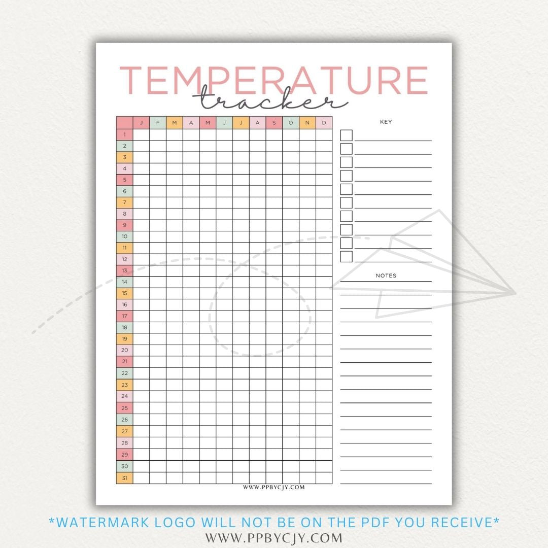 Weather Temperature Tracker Printable PDF Template for recording daily high and low temperatures.