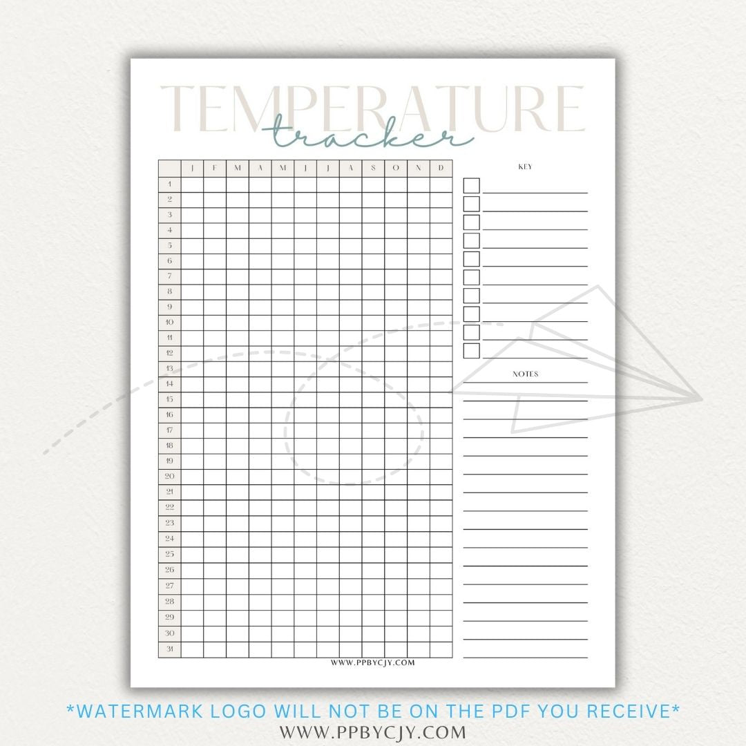 Weather Temperature Tracker Printable PDF Template for recording daily high and low temperatures.