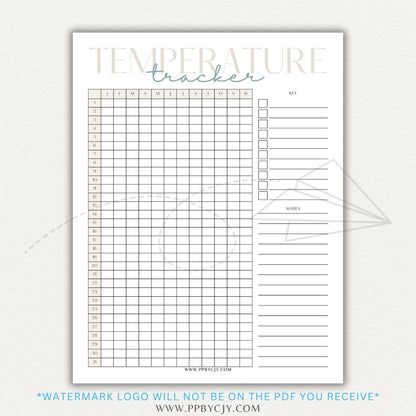 Weather Temperature Tracker Printable PDF Template for recording daily high and low temperatures.