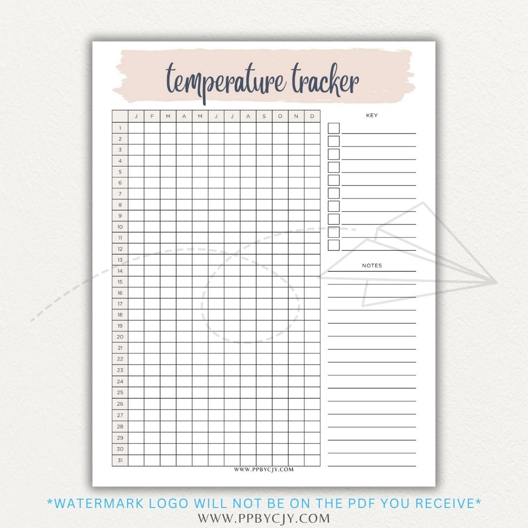 Weather Temperature Tracker Printable PDF Template for recording daily high and low temperatures.